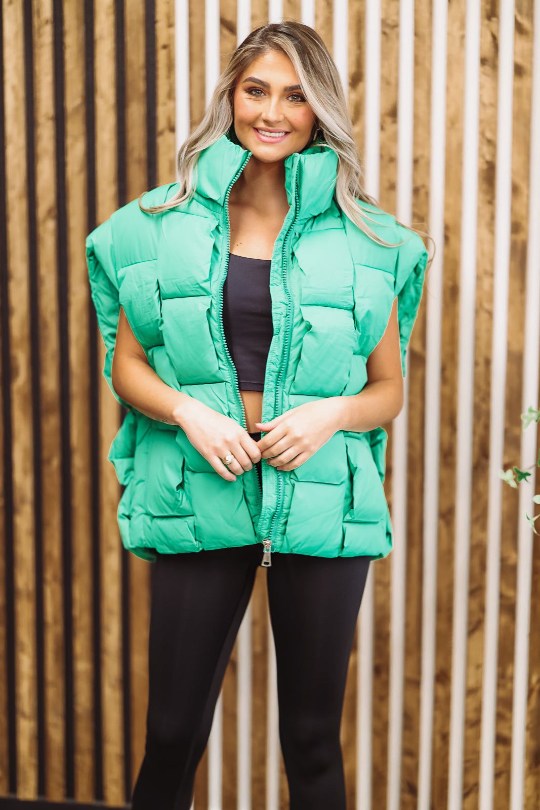 Woven Checks Puffer Vest - Kelly Green-HAZEL & OLIVE-Small-