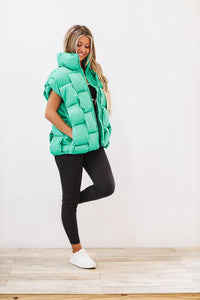 Woven Checks Puffer Vest - Kelly Green-HAZEL & OLIVE-Small-