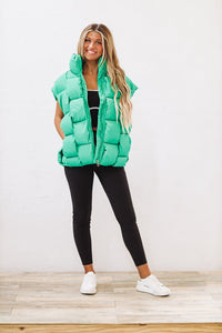 Woven Checks Puffer Vest - Kelly Green-HAZEL & OLIVE-Small-
