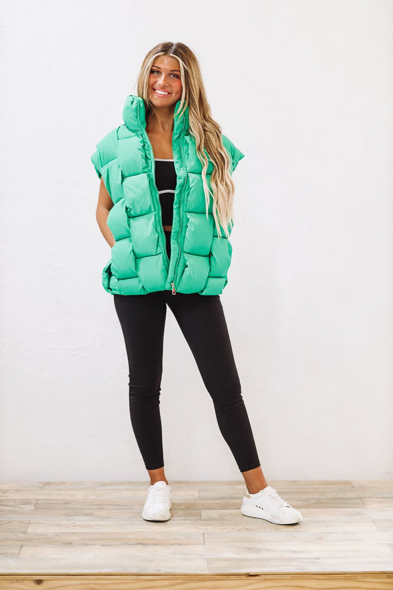 Woven Checks Puffer Vest - Kelly Green-HAZEL & OLIVE-Small-