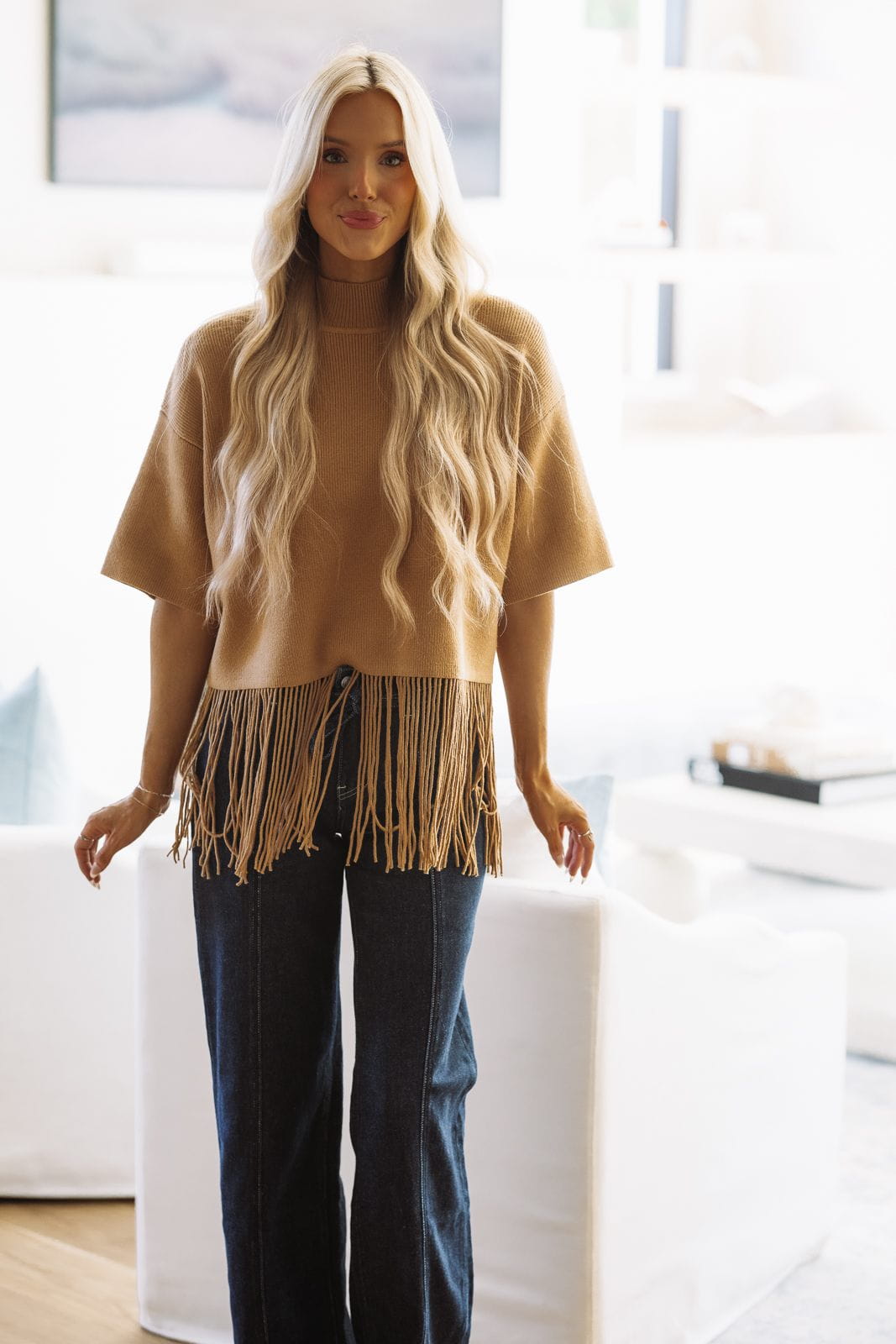 NA1218T A Little Shimmy Knit Top - Camel