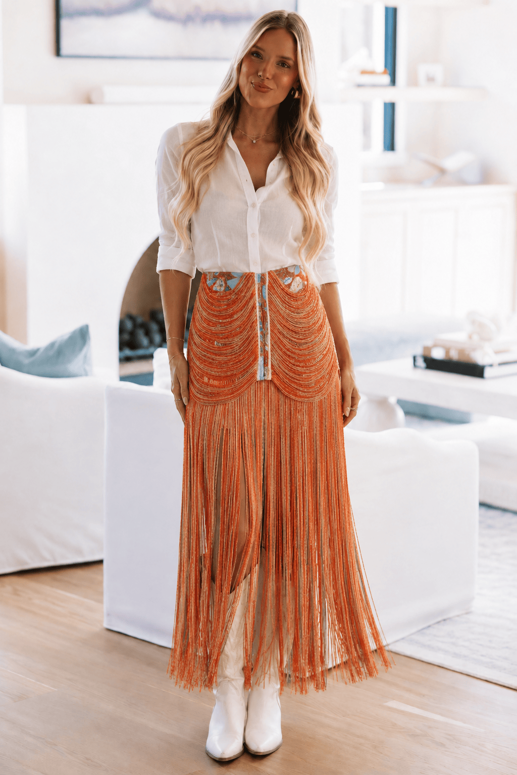 WNQA1469 ORG Twirl Worthy Midi Skirt - Orange, Red and Blue