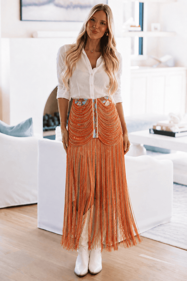 WNQA1469 ORG Twirl Worthy Midi Skirt - Orange, Red and Blue