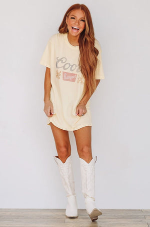 HAZEL & OLIVE Coors Banquet Graphic Tee / T-shirt Dress - Muted Yellow