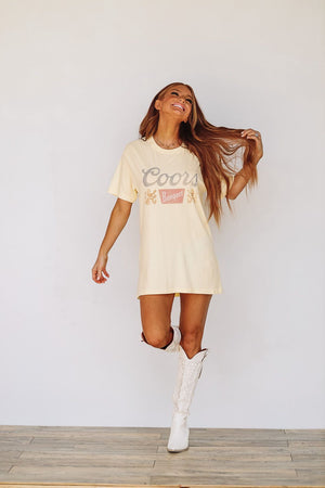 HAZEL & OLIVE Coors Banquet Graphic Tee / T-shirt Dress - Muted Yellow