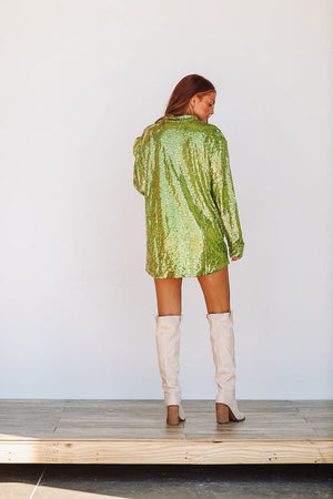 HAZEL & OLIVE Everything Sequin Button Down Dress - Lime Green