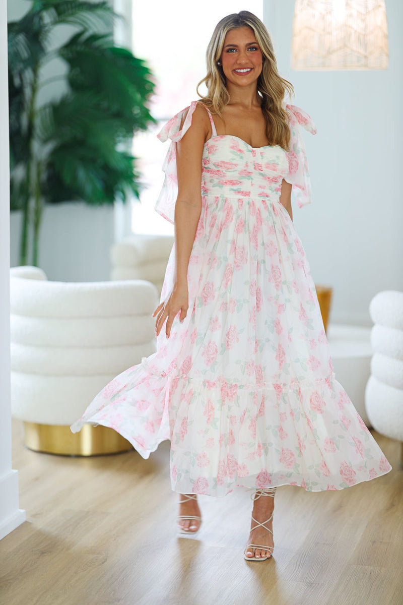 HAZEL & OLIVE Girly and Chic Maxi Dress - Ivory and Pink