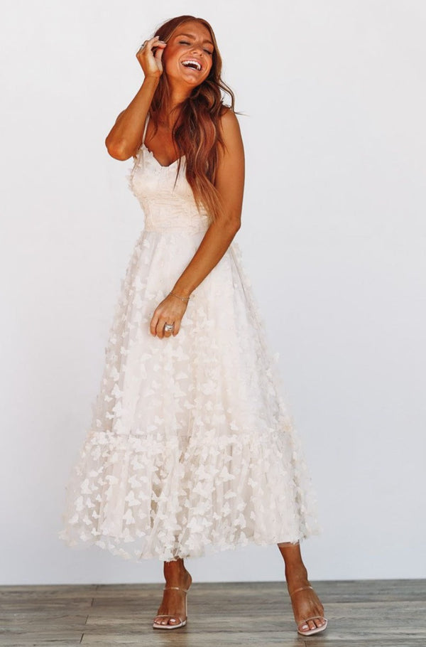 Giving Me Butterflies Midi Dress - Cream Ivory-HAZEL & OLIVE-Small-