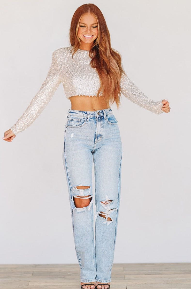 Like a Boss Sequin and Pearl Crop Top - Cream