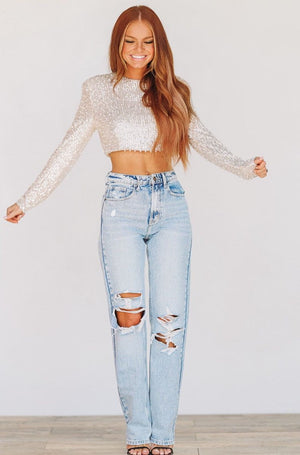 HAZEL & OLIVE Like a Boss Sequin and Pearl Crop Top - Cream
