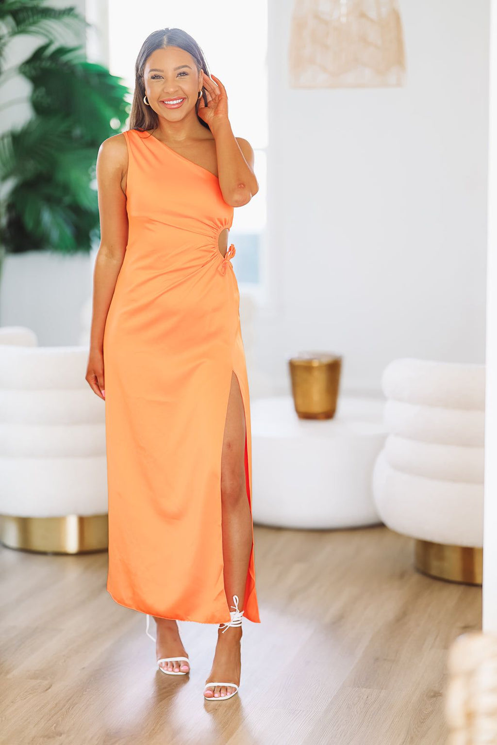 HAZEL & OLIVE Tropical Sunset Satin Maxi Dress - Orange